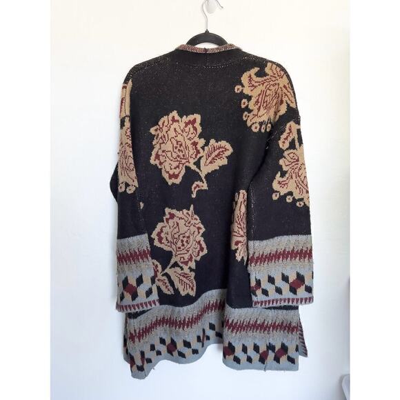 Vertigo Open Knit Cardigan Floral Intarsia XL Black Boho - Picture 6 of 6